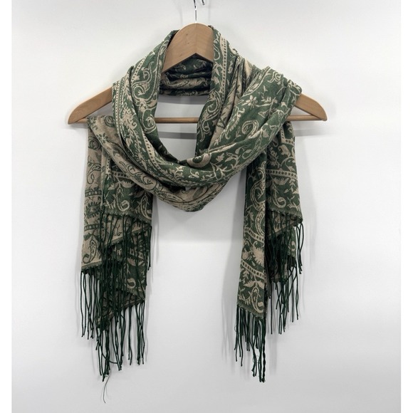 Ozsoy Accessories - Womens Scarf Wrap Shawl Green Beige Floral Paisley Fringe Pashmina Boho Cottage